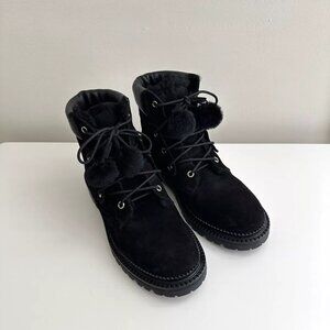 JIMMY CHOO Elba Black Leather Suede Pom Pom Flat Ankle Boots Size 38